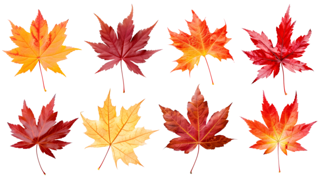 Set of isolated dry Autumn leaves on a transparent background. Volume 9: Orange and red color tone.