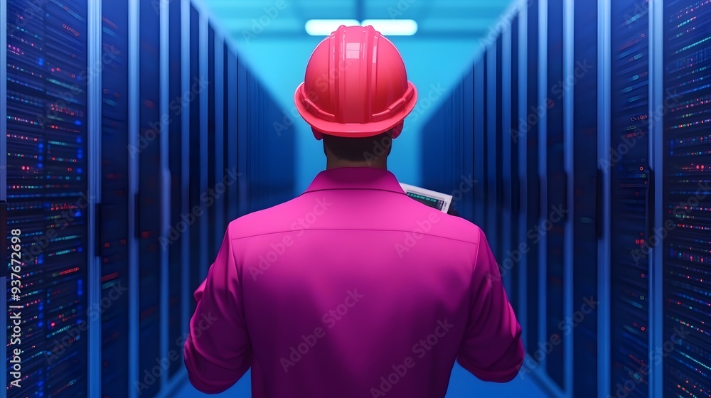 Poster technician maintaining computing infrastructure in data center