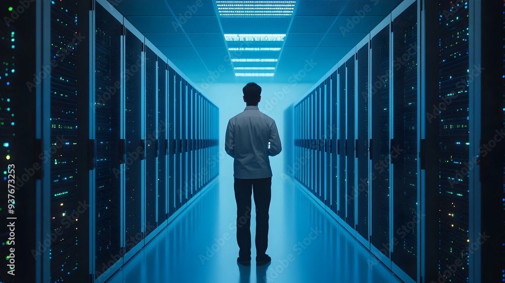 Poster technician inspecting server systems in data center