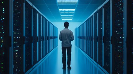 Technician Inspecting Server Systems in Data Center