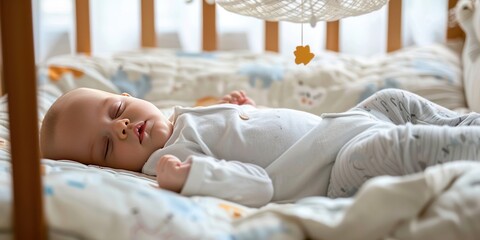 A baby boy sleeps soundly in a crib, his face relaxed and peaceful.