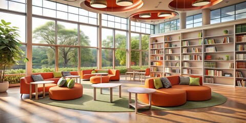 whimsical morning light floods open shelves of diverse books and comfortable nooks in a futuristic school library's collaborative learning space with pops of bright coral