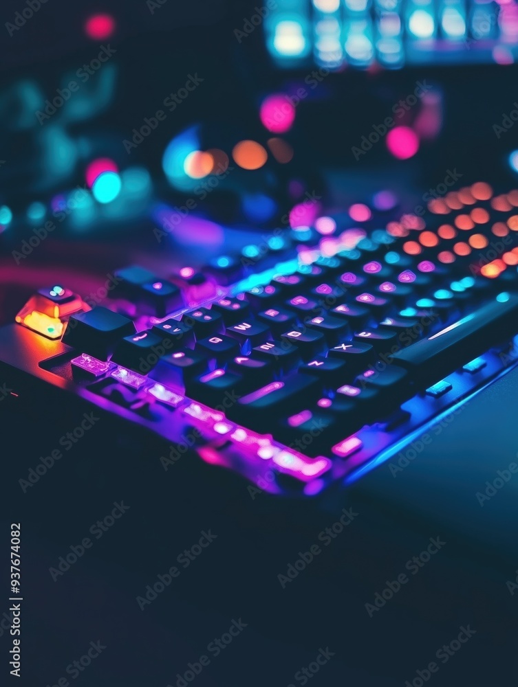Poster close-up computer keyboard glowing in dark as digital technology background