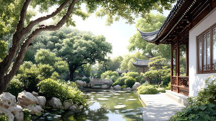 Chinese garden clean visual composition