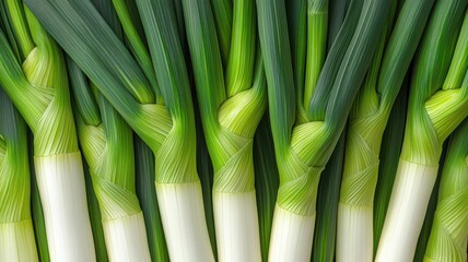 Fototapeta premium Fresh organic leeks, long green stalks, farm freshness, 3D illustration