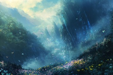 Fototapeta premium A Mystical Forest With a Giant Cliff and Butterflies