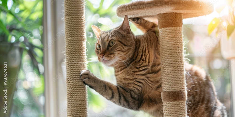 Poster A tabby cat climbs a scratching post with a blurred green background.