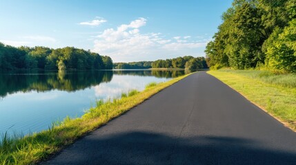 Road Alongside Calm River in Lush Greenery