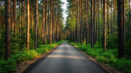Obraz premium Sunlit Road Through Dense Pine Forest