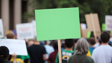 Protest Scene with Blank Green Sign Held by Crowd