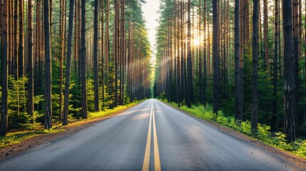 Obraz premium Straight Road Through Sunlit Pine Forest