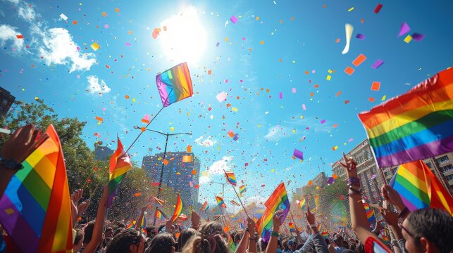 Colorful celebration of pride with rainbow flags waving under a bright summer sky in a bustling city parade. Generative AI