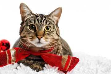 A tabby cat wearing a red bow and sitting in white fake snow, looking at the camera.