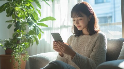 部屋でスマホを持つ女性03