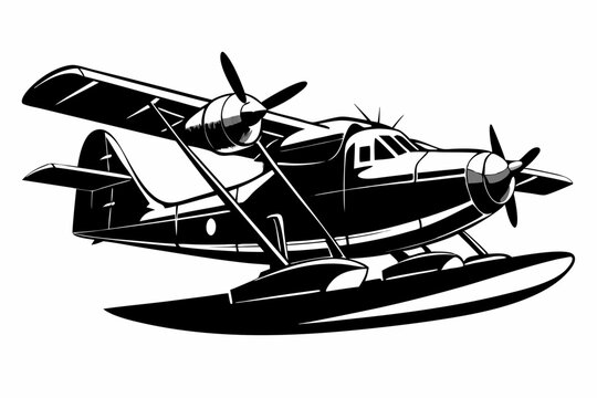 black and white seaplane graphic clip art preview