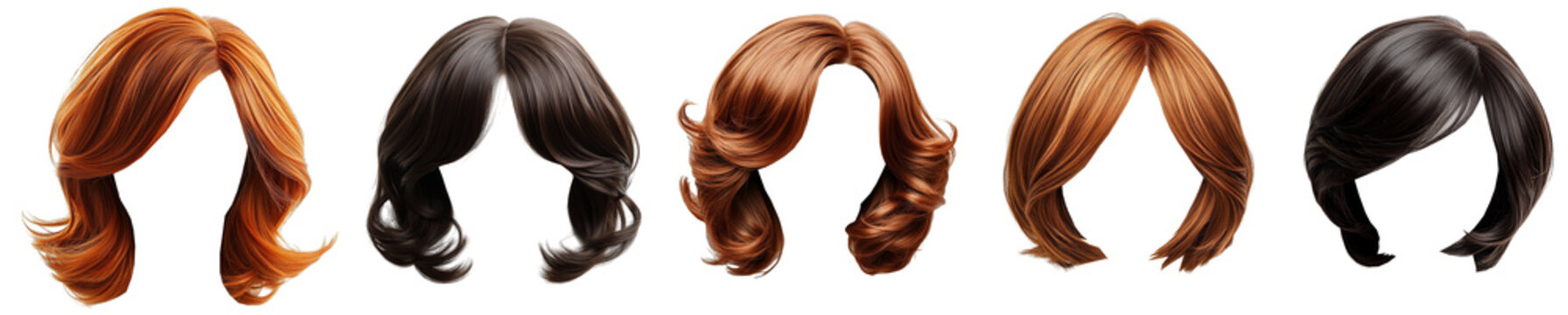 Wigs with different hairstyles elegant fashion and hair design isolated transparent background
