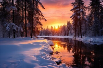 winter landscape, everything in the snow, forest, fairy tale, at sunset, sunset soft light, forest, river, poster, wallpaper postcard