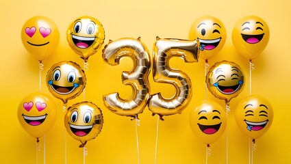 Gold '35' Balloons with Emoji Balloons on Yellow Background