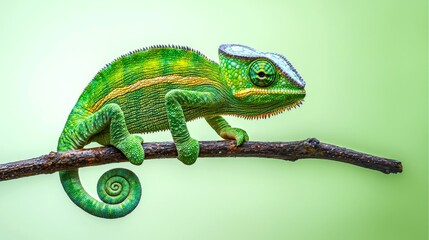 A Green Chameleon Perched on a Branch with a Swirling Tail