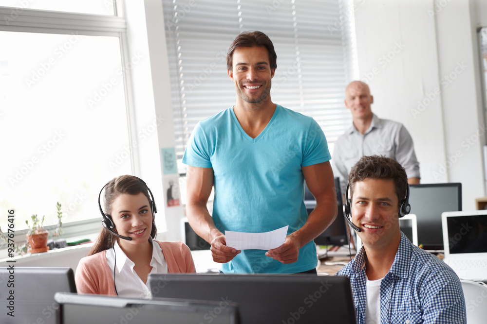 Poster happy people, portrait and call center with coach and script for internship in telemarketing or cust