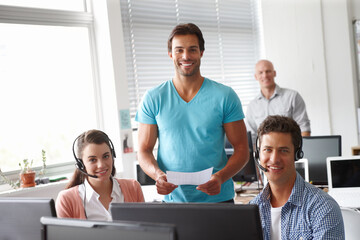 Happy people, portrait and call center with coach and script for internship in telemarketing or customer service at office. Young employees, agents or junior consultants with smile for online help
