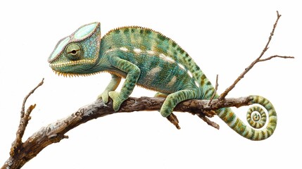 Obraz premium A Green Chameleon Perched on a Branch