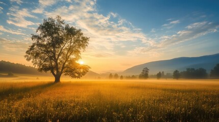 Beautiful photo landscape at sunrise or sutting with rising or setting sun over the morning or evening valley or floral meadow in summer