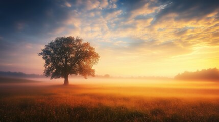Obraz premium Beautiful photo landscape at sunrise or sutting with rising or setting sun over the morning or evening valley or floral meadow in summer