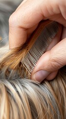 Close-up of a hand combing a dog's fur with a wooden comb.