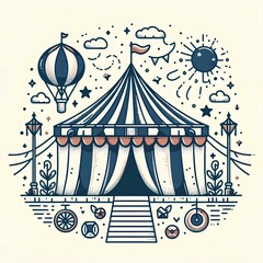 Obraz premium Circus elements in modern flat, line style. Hand drawn vector illustration of circus tent, Isolated graphic design element.