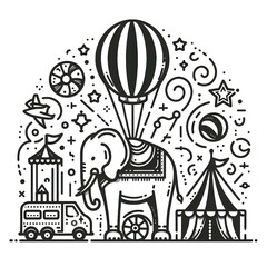 Fototapeta premium Circus elements in modern flat, line style. Hand drawn vector illustration of elephant on the ball, Isolated graphic design element.