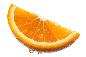 A fresh orange slice with glistening juice droplets against a transparent background, highlighting the vibrant color and juicy texture of the fruit.
