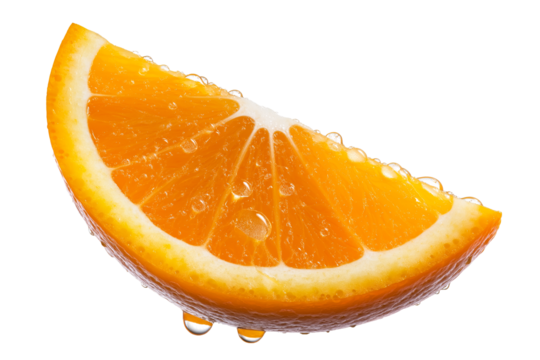 A fresh orange slice with glistening juice droplets against a transparent background, highlighting the vibrant color and juicy texture of the fruit.
