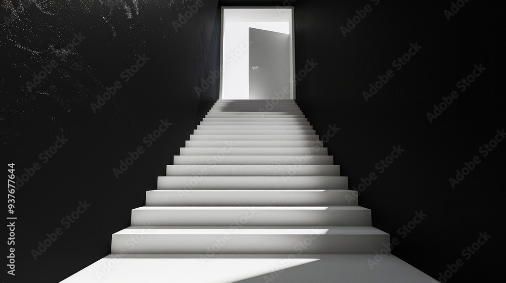 Poster bright white steps ascend into a minimalist space, leading to a wide-open door that invites explorat