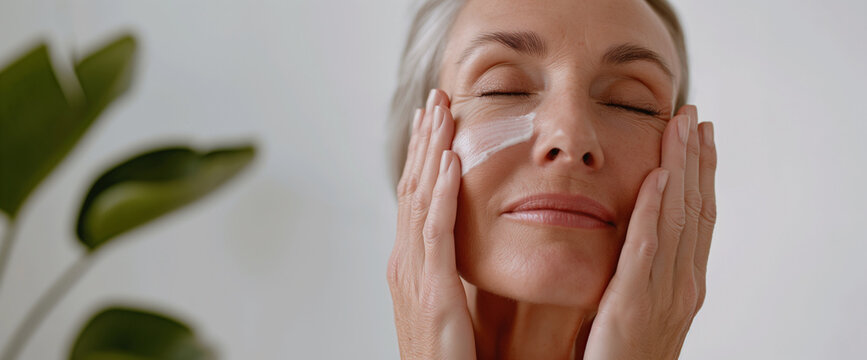 Beautiful mature woman applying facial moisturizer lotion on clean skin, gray background	
 - Powered by Adobe