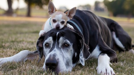 Great Dane dog Lounging with Chihuahua Friend In the Park 