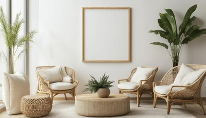 Modern Living Room with Rattan Furniture and Tropical Plants.