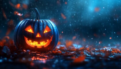 Fototapeta premium Spooky Jack-o'-Lantern with Dark Glowing Lights in Haunted Forest Setting