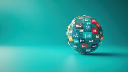 Flat design of a globe with "job" search icons representing global online "job" markets, green isolated background, studio lighting