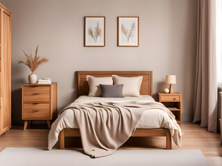 Single wooden bed with beige bedding and blanket next to stylish wooden cabinet in elegant bedroom. Front view.