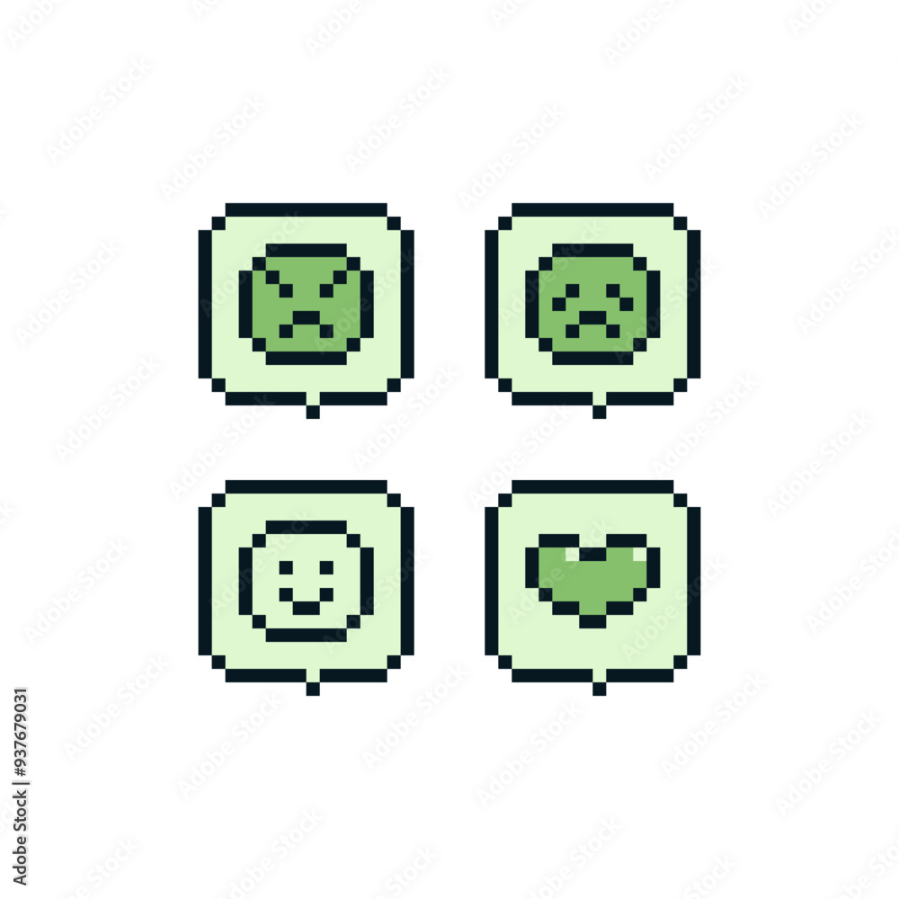 Poster like, follower, comment, message and smile pixel art icon, heart social media notification. web site