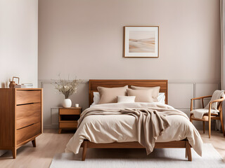 Single wooden bed with beige bedding and blanket next to stylish wooden cabinet in elegant bedroom. Front view.