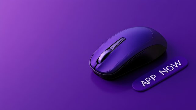 Close-up of a computer mouse hovering over an 'apply now' button, purple isolated background, studio lighting