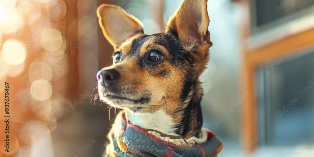 Poster Closeup of a small, brown, black and white dog's face wearing a scarf. The dog has big, brown eyes and a sweet expression. The image is taken outdoors, and the background is blurred.