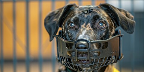 A brindle dog wearing a black muzzle looks directly at the camera.