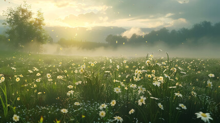 Fototapeta premium Wild Meadow with Morning Mist: Wild meadow with morning mist, conveying a serene natural