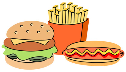 Burger, french fries and hot dog. Fast food, food and meal, illustration