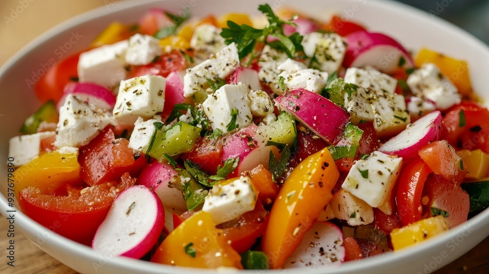 Wall mural greek vegetable salad with tomatoes, herbs, bell pepper, and radish