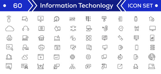 Information Technology Minimal line icons Bundle. Programming, Network, Website, Process, Internet, Data, Technology icon for apps and website