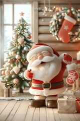 Obraz premium 3D cartoon pastel Santa Claus in a cozy cabin, with a Christmas tree and stockings